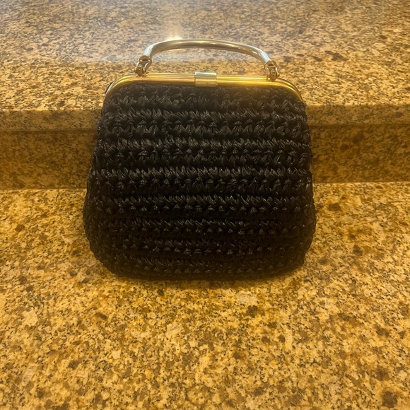 Vintage 1960s Black Straw Leather Lined Handbag Purse Jana Made in Italy - Picture 2 of 9